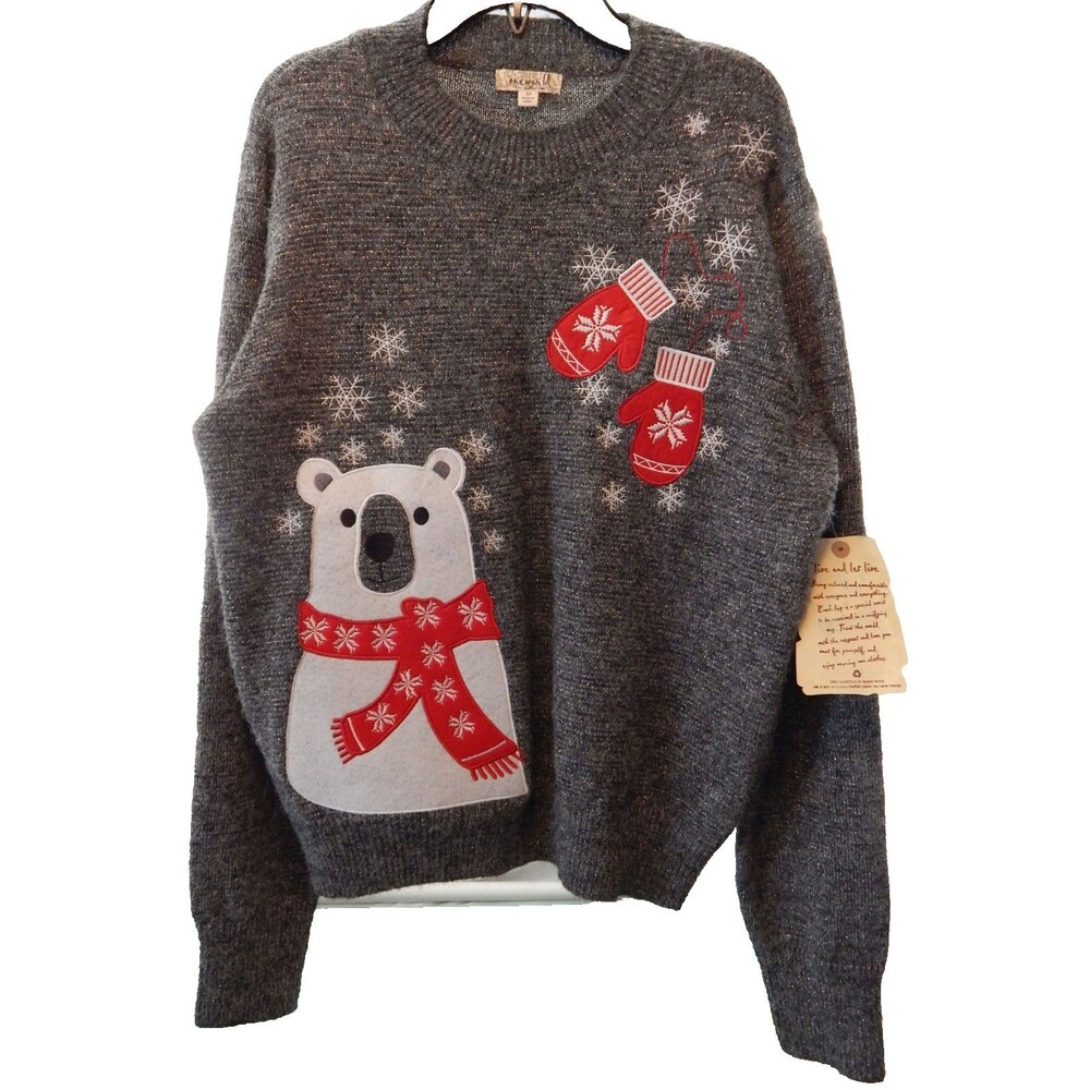 One World Gray Silver Sparkle Woman's MED Polar Bear Wool Blend Snow Sweater NWT